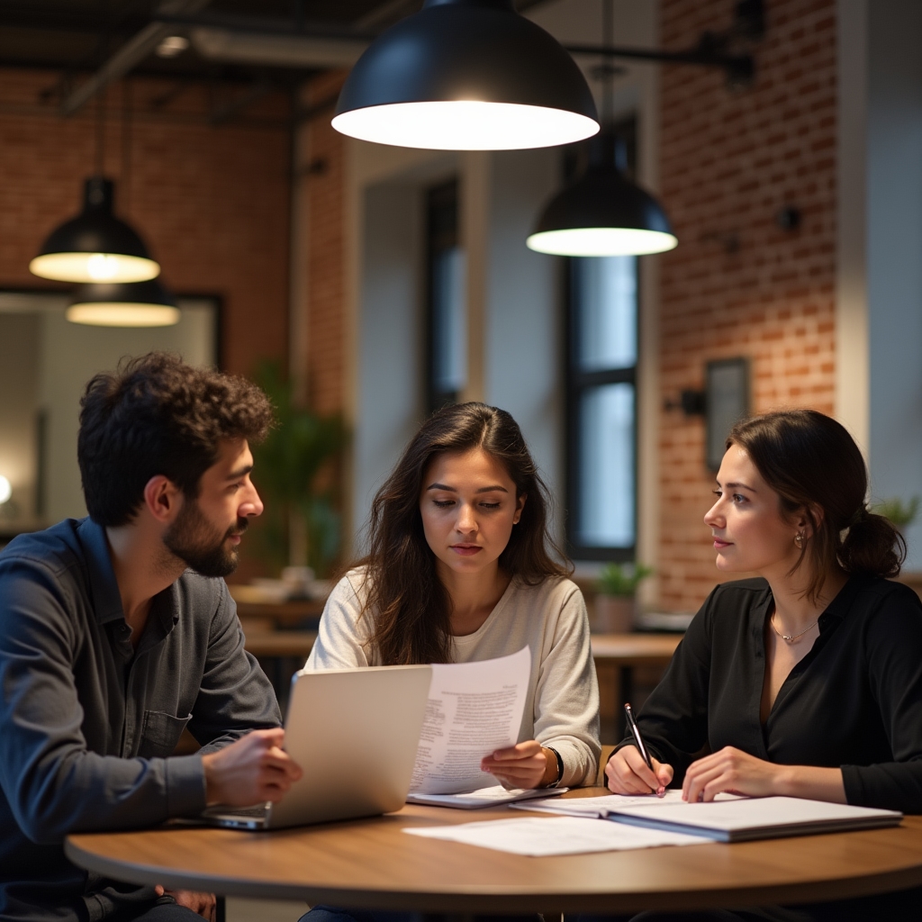 Small group of young adults discussing course materials around a table in a modern space