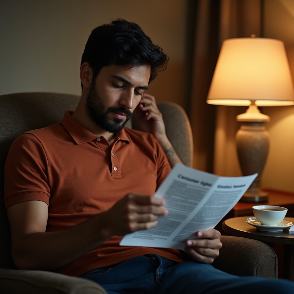 Person reading a consumer rights guide document with focused attention in a calm environment