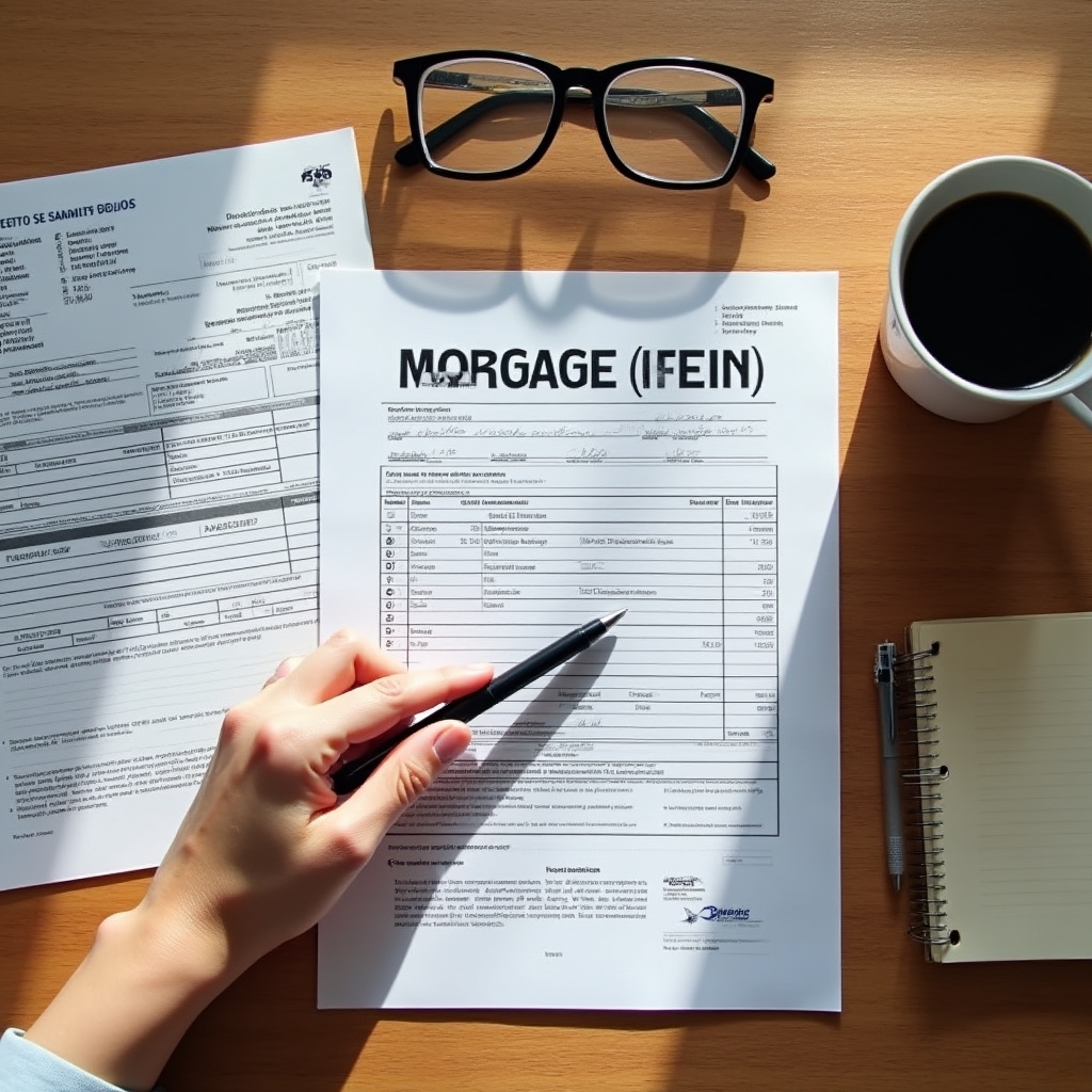 Close-up of financial documents including a payslip and mortgage paper on a wooden desk