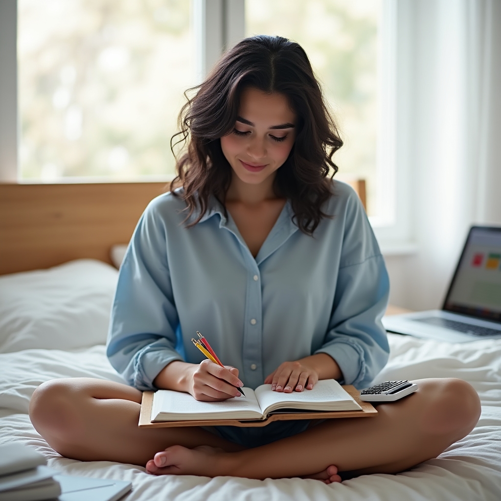 Young adult planning household budget with notebook and calculator on a clean desk