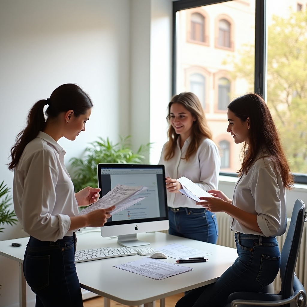 Small team of young professionals discussing educational content at a collaborative workspace in Murcia