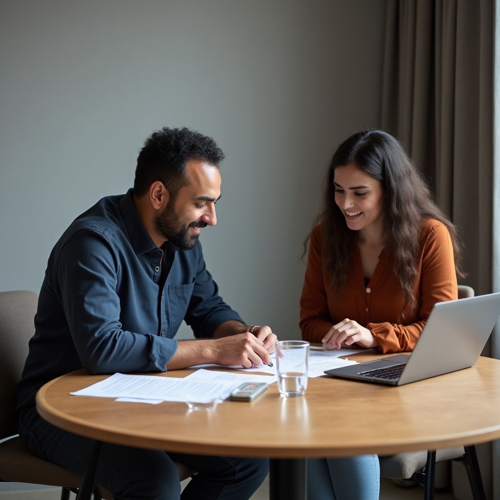 Two young adults reviewing mortgage documents together at a table
