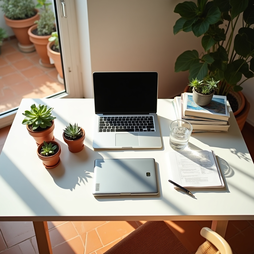 Modern workspace in Murcia with natural light, clean desk setup and educational materials