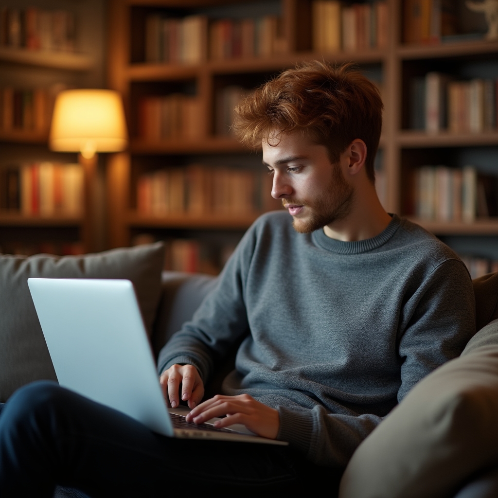 Young person engaged with an online course on a laptop in a comfortable setting