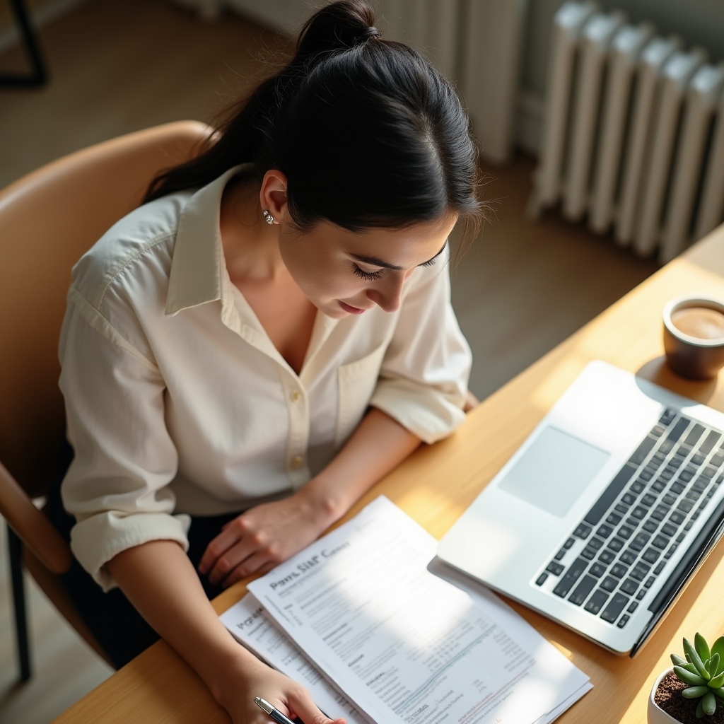 Young professional studying a payslip document at a desk